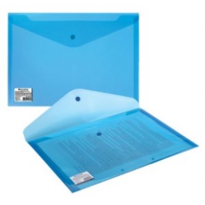 Папка-конверт с кнопкой, А4, до 100 листов, прозрачная, синяя, 0,18 мм