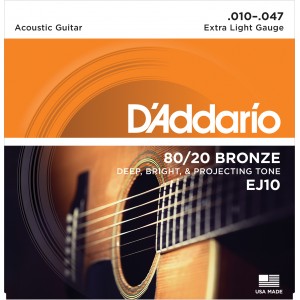 Струны для акустических гитар D`ADDARIO EJ10 80/20 BRONZE EXTRA LIGHT 10-47